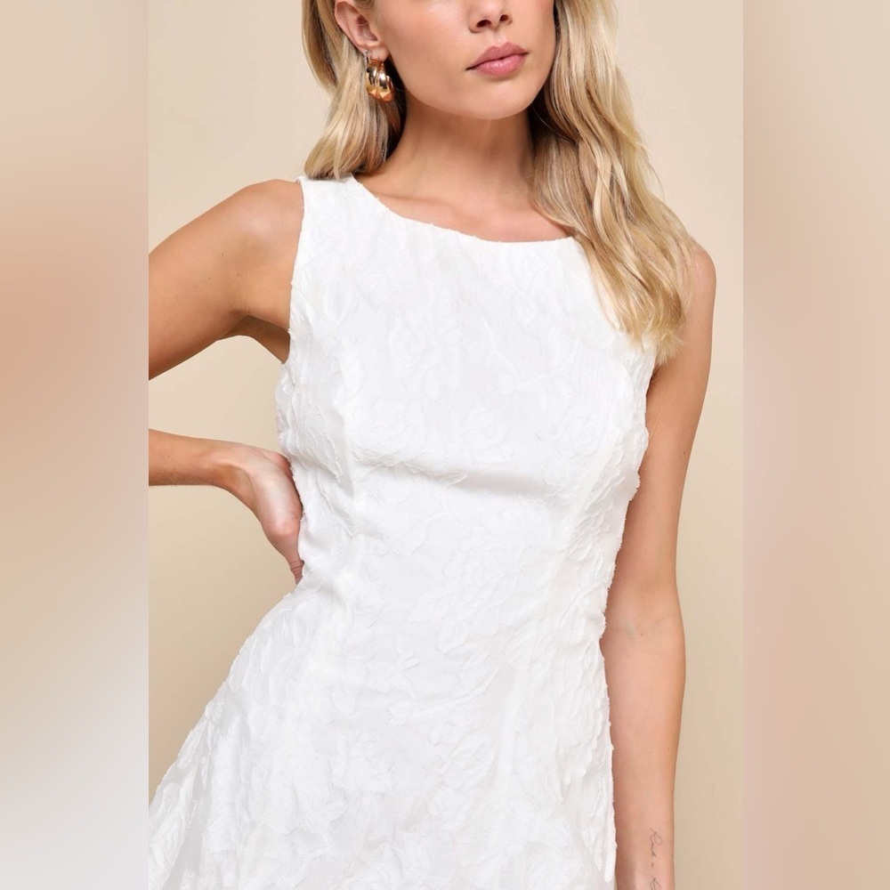 LULU’S Exquisite Moments White Floral Jacquard Sleeveless Mini Dress - Picture 5 of 5